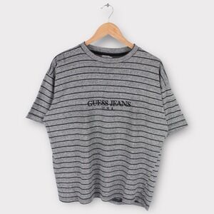 Vintage Guess Jeans Striped Logo T Shirt Gray Black Made in USA Size Medium